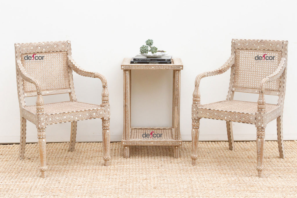 Set of 2, British Colonial Inlaid & Cane Armchairs