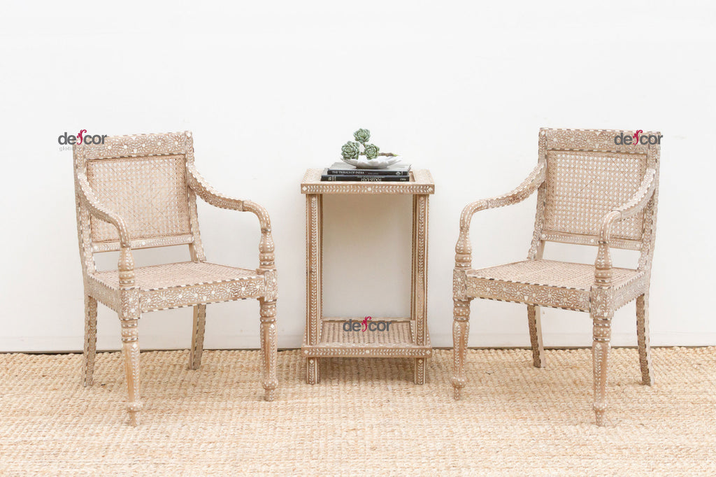 Set of 2, British Colonial Inlaid & Cane Armchairs