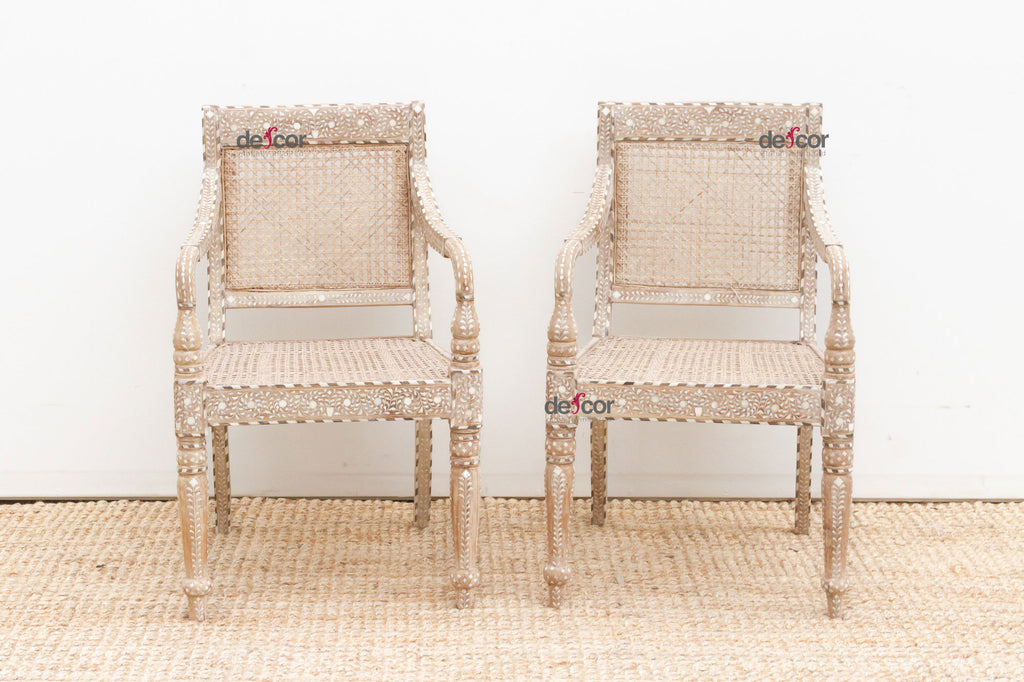 Set of 2, British Colonial Inlaid & Cane Armchairs
