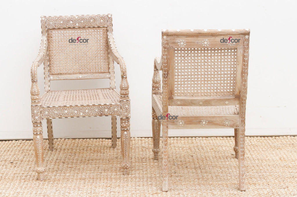 Set of 2, British Colonial Inlaid & Cane Armchairs