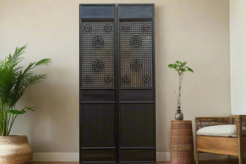Pair of Tall Antique Black Lattice Screens