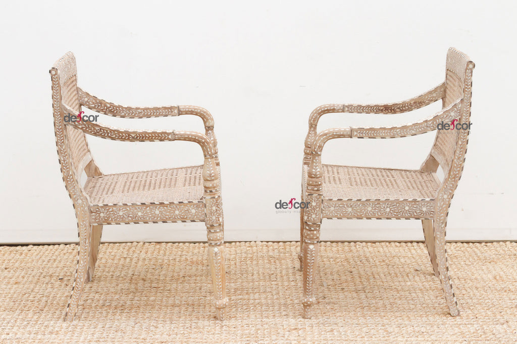 Set of 2, British Colonial Inlaid & Cane Armchairs