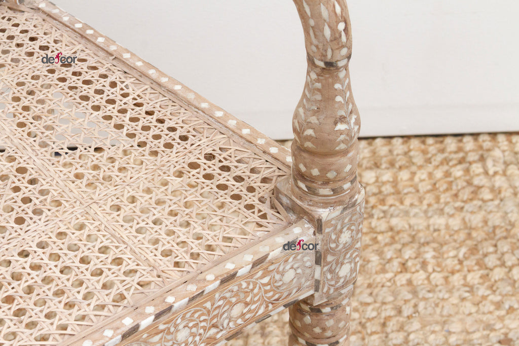 Raj Colonial Inlaid Armchair with Cane Seat