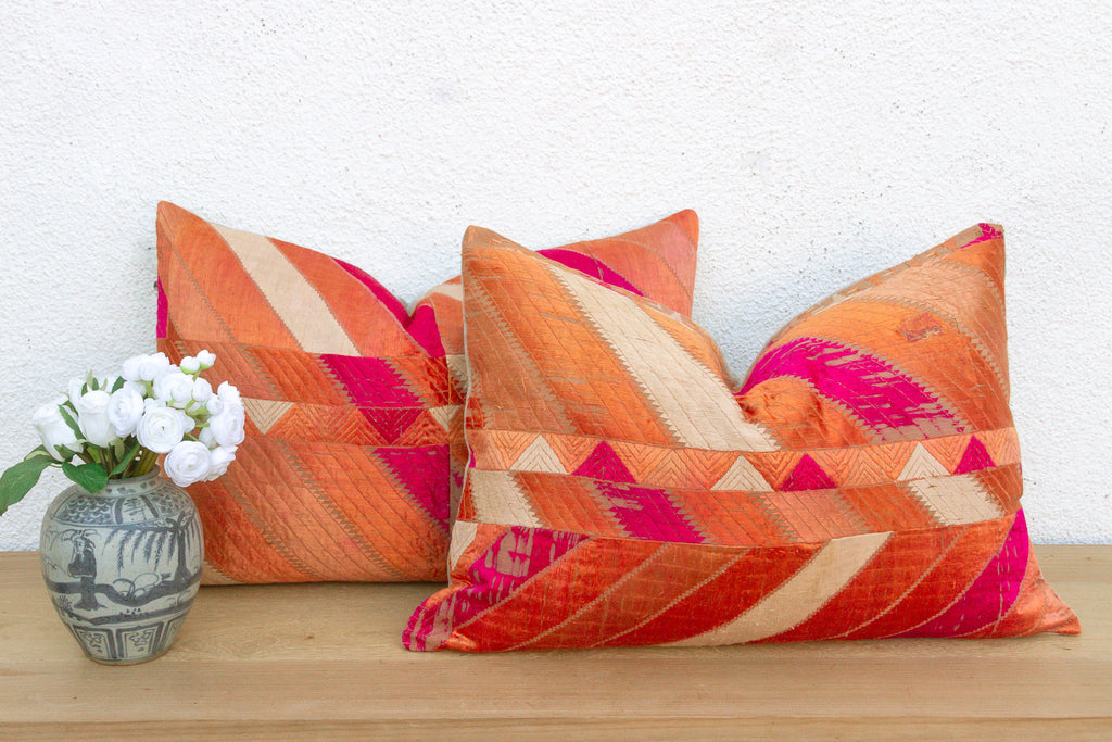 Jalandhar Mirror, Set of 2 Heirloom Bagh Phulkari Pillows (Trade)