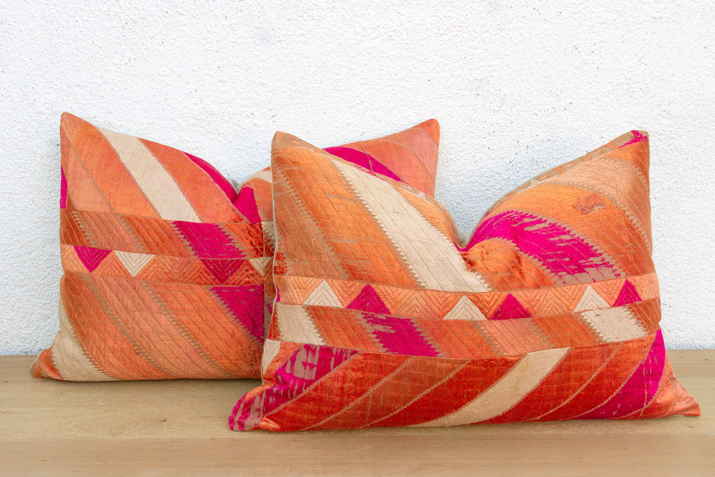 Jalandhar Mirror, Set of 2 Heirloom Bagh Phulkari Pillows (Trade)