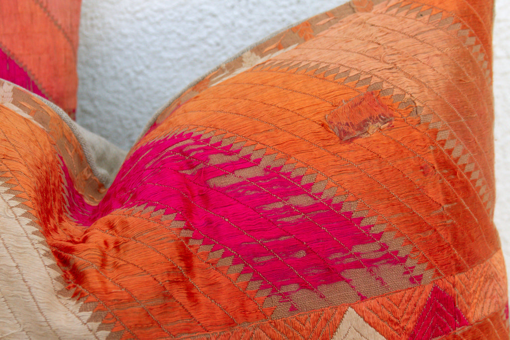 Jalandhar Mirror, Set of 2 Heirloom Bagh Phulkari Pillows (Trade)