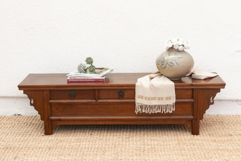 Antique Elm Low Kang Table with 3 Drawers