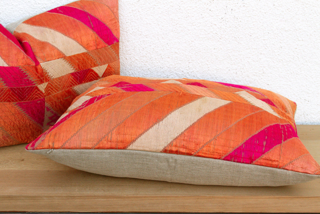 Jalandhar Mirror, Set of 2 Heirloom Bagh Phulkari Pillows (Trade)