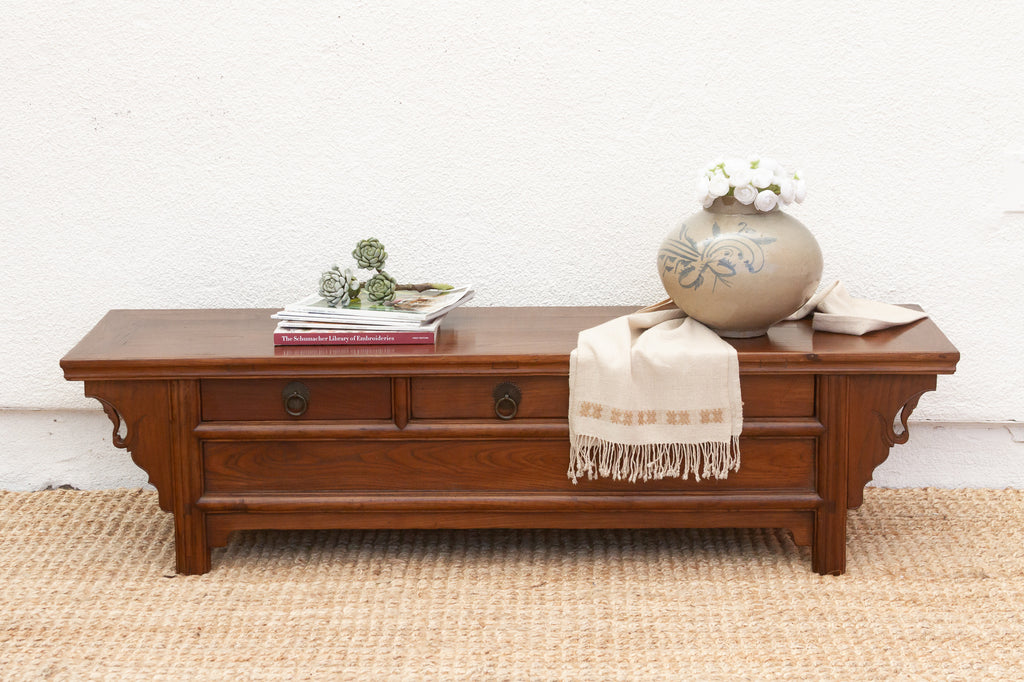 Antique Elm Low Kang Table with 3 Drawers
