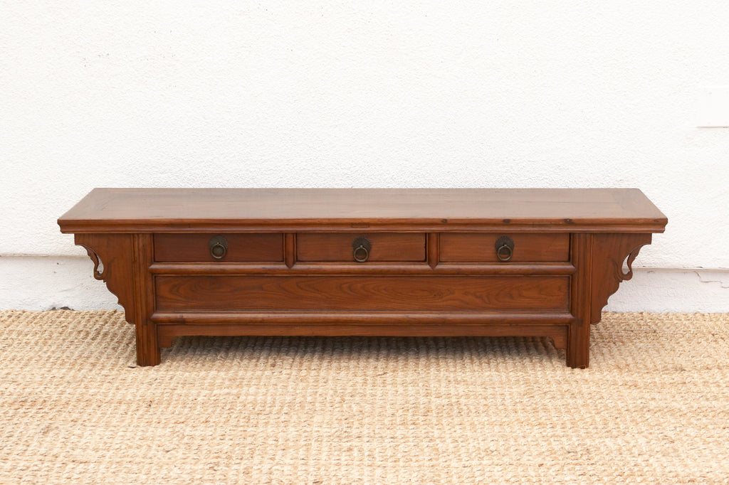 Antique Elm Low Kang Table with 3 Drawers