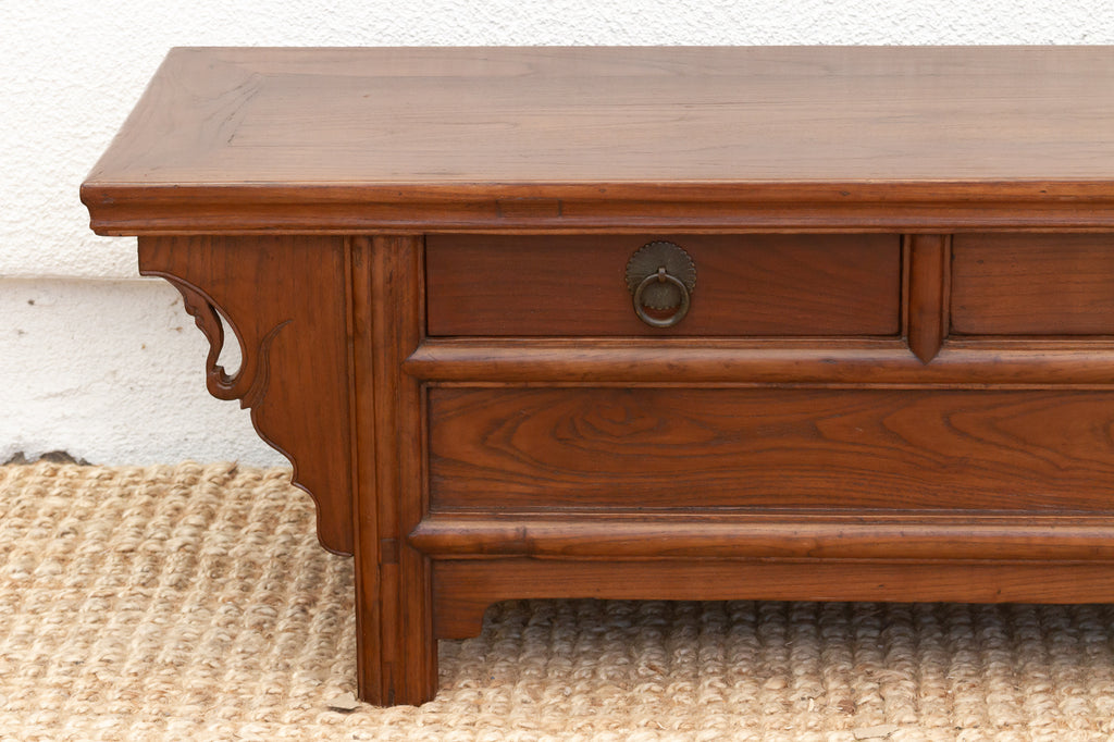 Antique Elm Low Kang Table with 3 Drawers