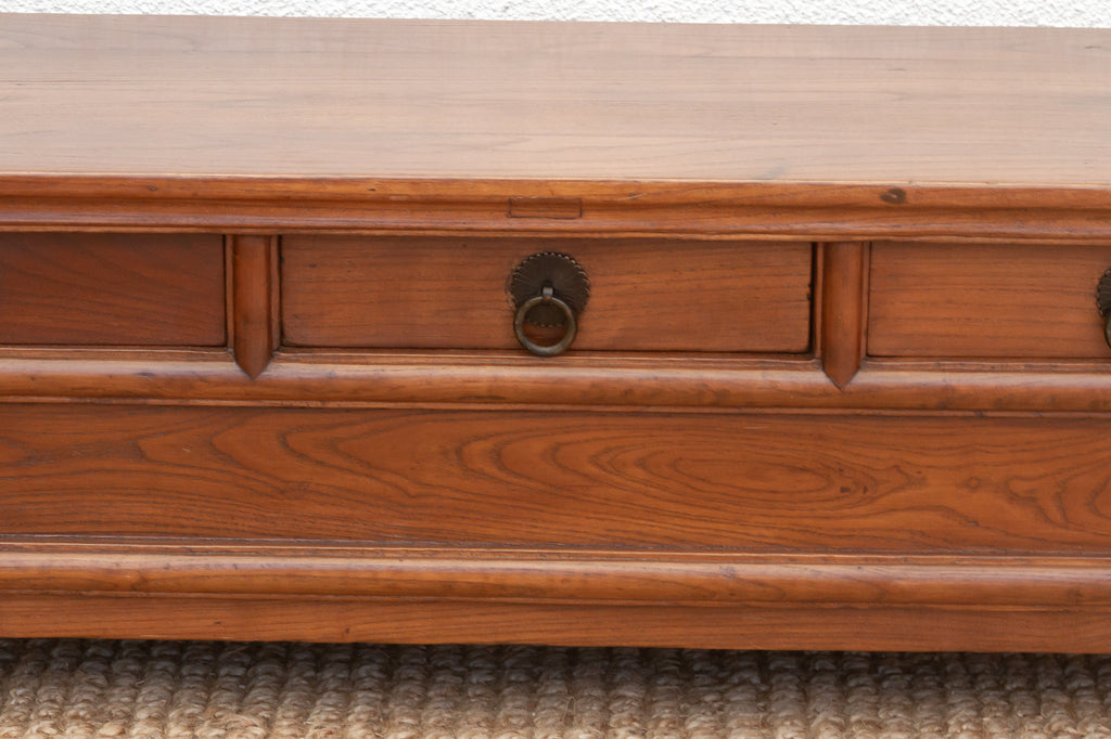 Antique Elm Low Kang Table with 3 Drawers