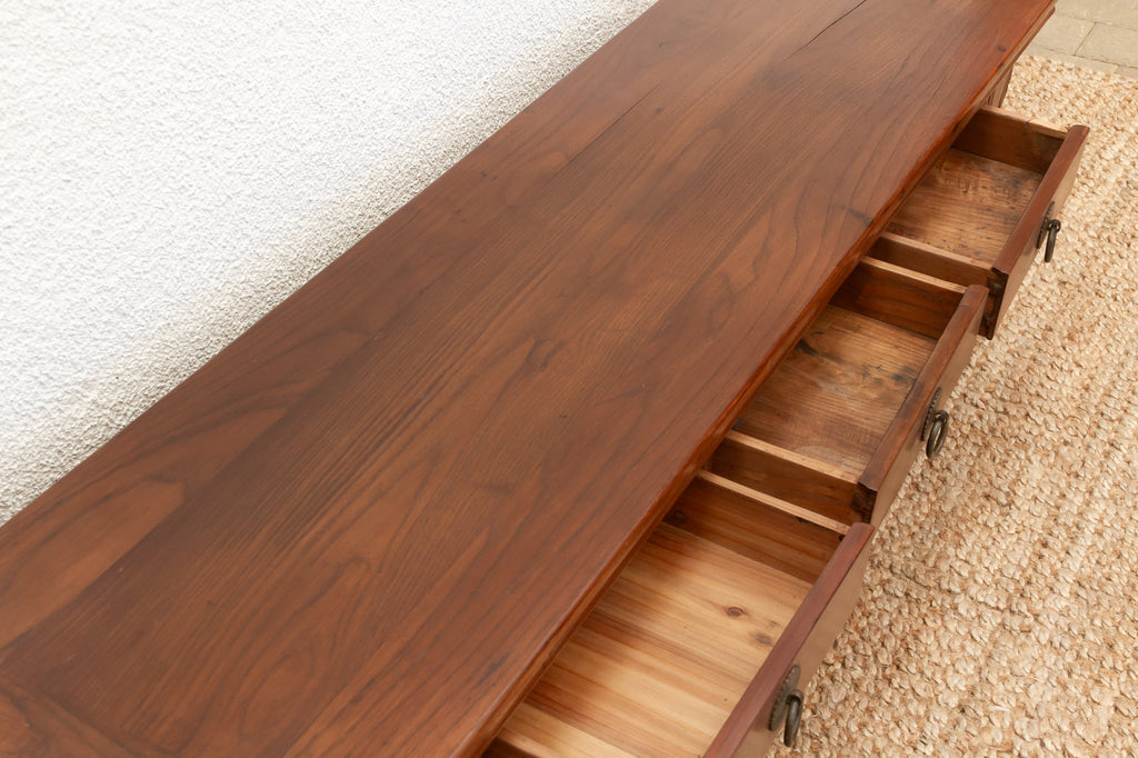 Antique Elm Low Kang Table with 3 Drawers