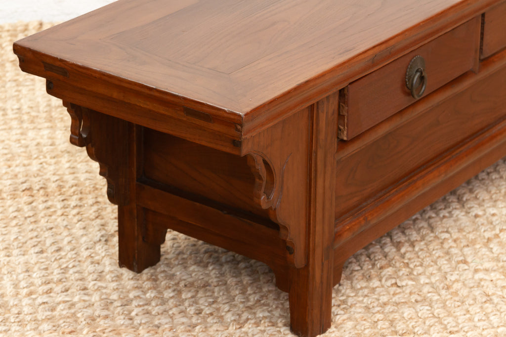 Antique Elm Low Kang Table with 3 Drawers