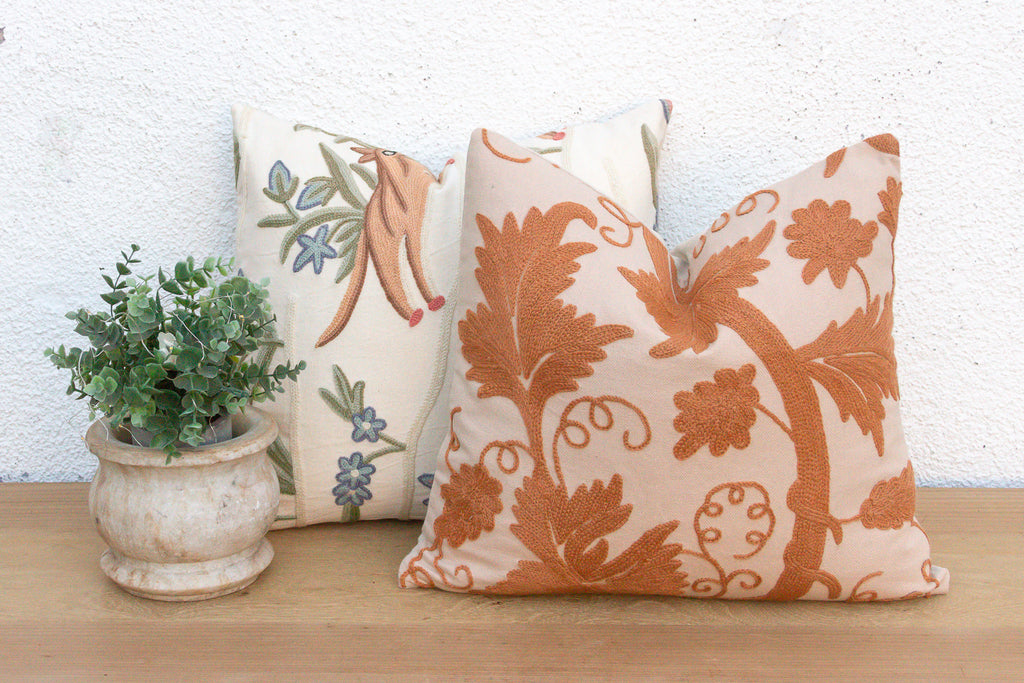 Set of 2, Hand Embroidered Crewel Botanical Pillows