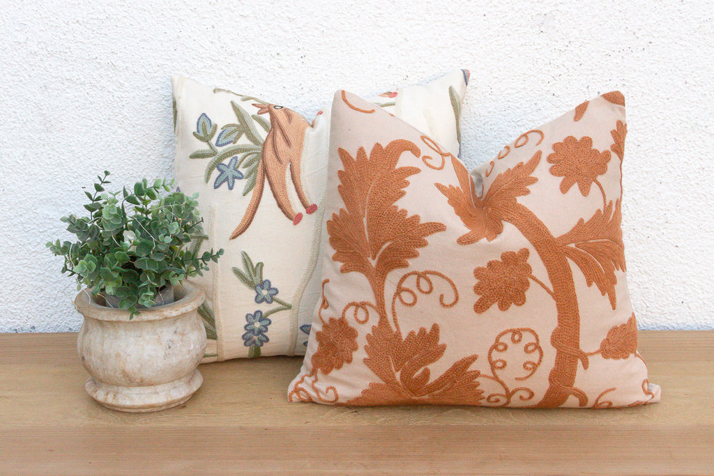 Set of 2, Hand Embroidered Crewel Botanical Pillows