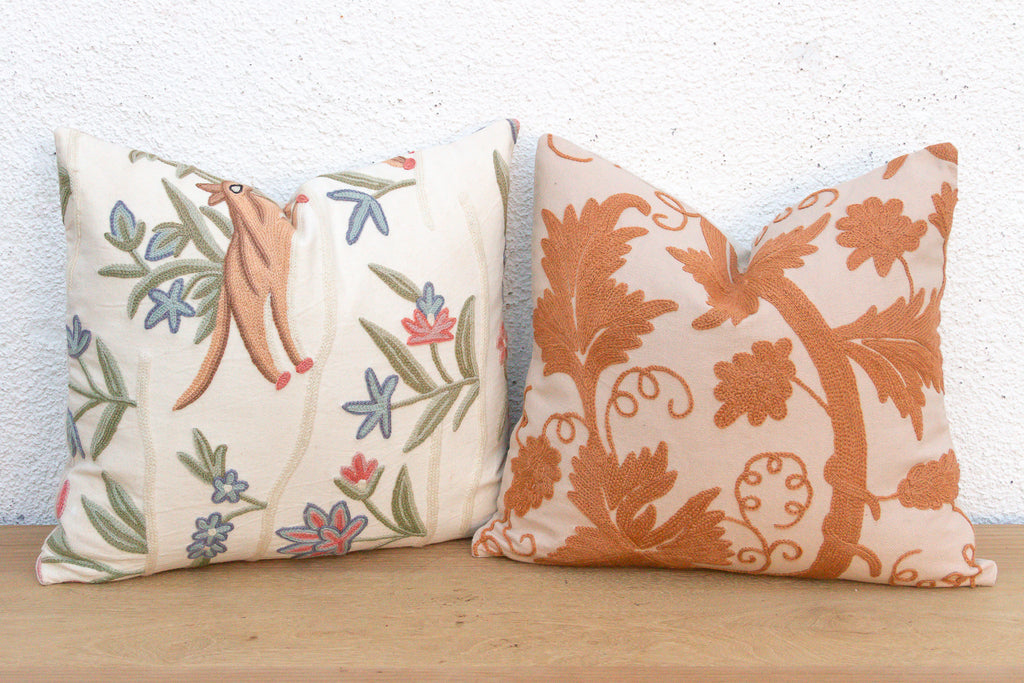 Set of 2, Hand Embroidered Crewel Botanical Pillows