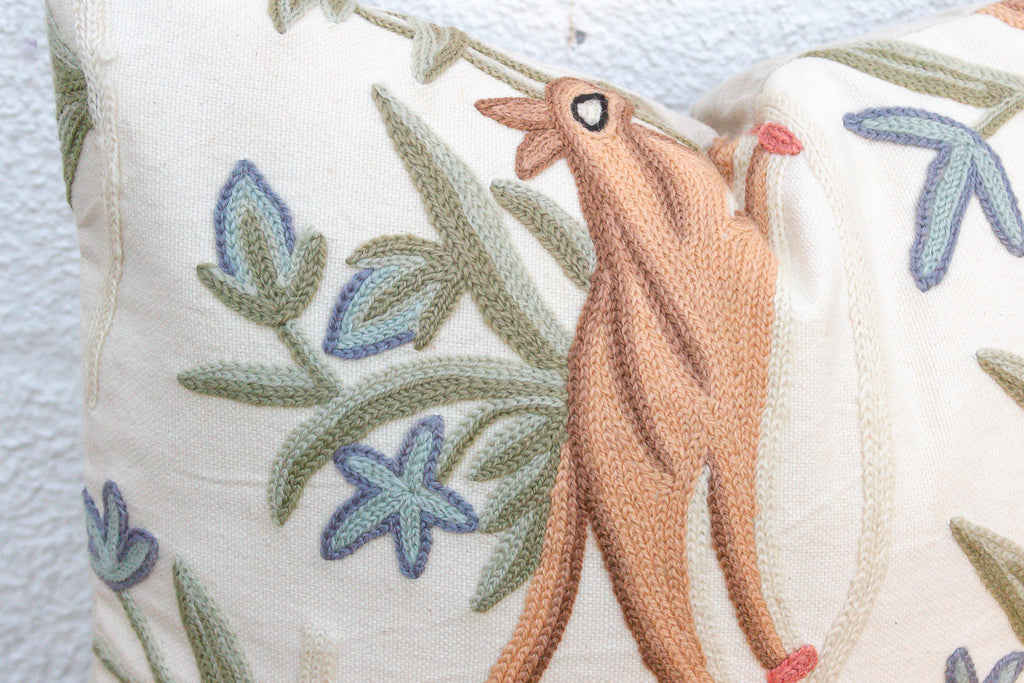 Set of 2, Hand Embroidered Crewel Botanical Pillows
