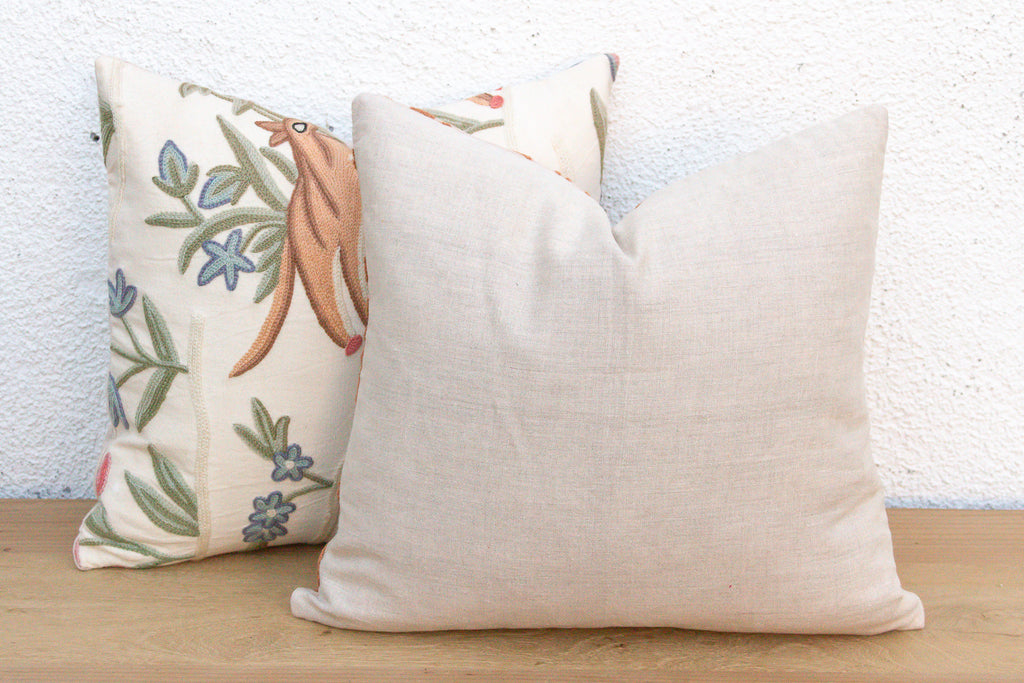 Set of 2, Hand Embroidered Crewel Botanical Pillows