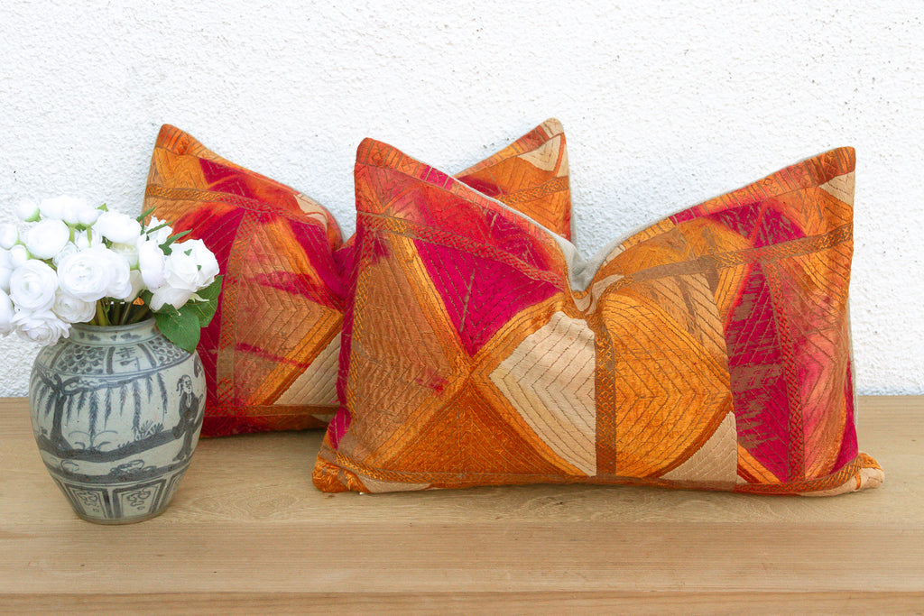 Sunset Horizon, Set of 2 Heirloom Bagh Phulkari Pillows (Trade)