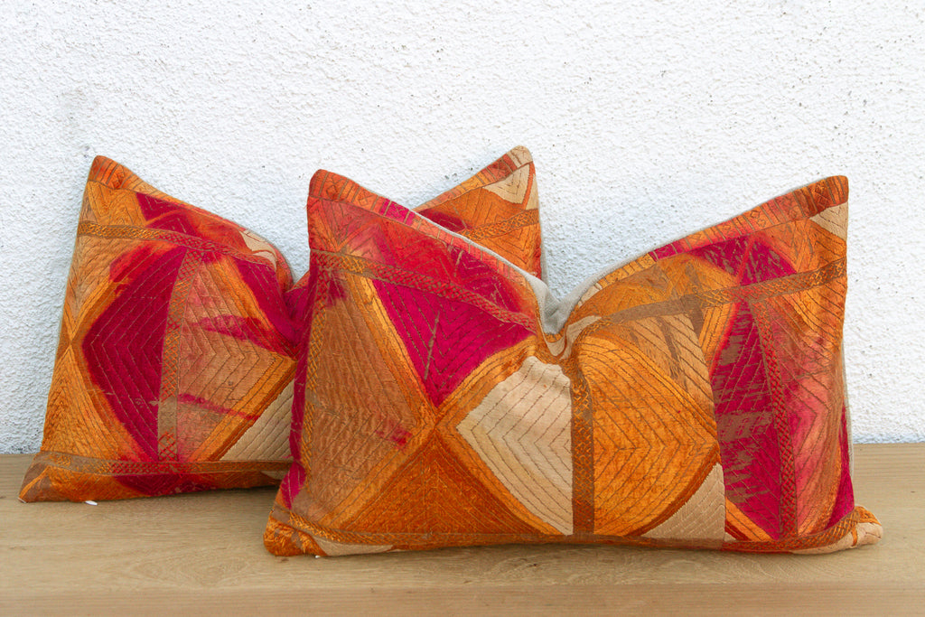 Sunset Horizon, Set of 2 Heirloom Bagh Phulkari Pillows (Trade)