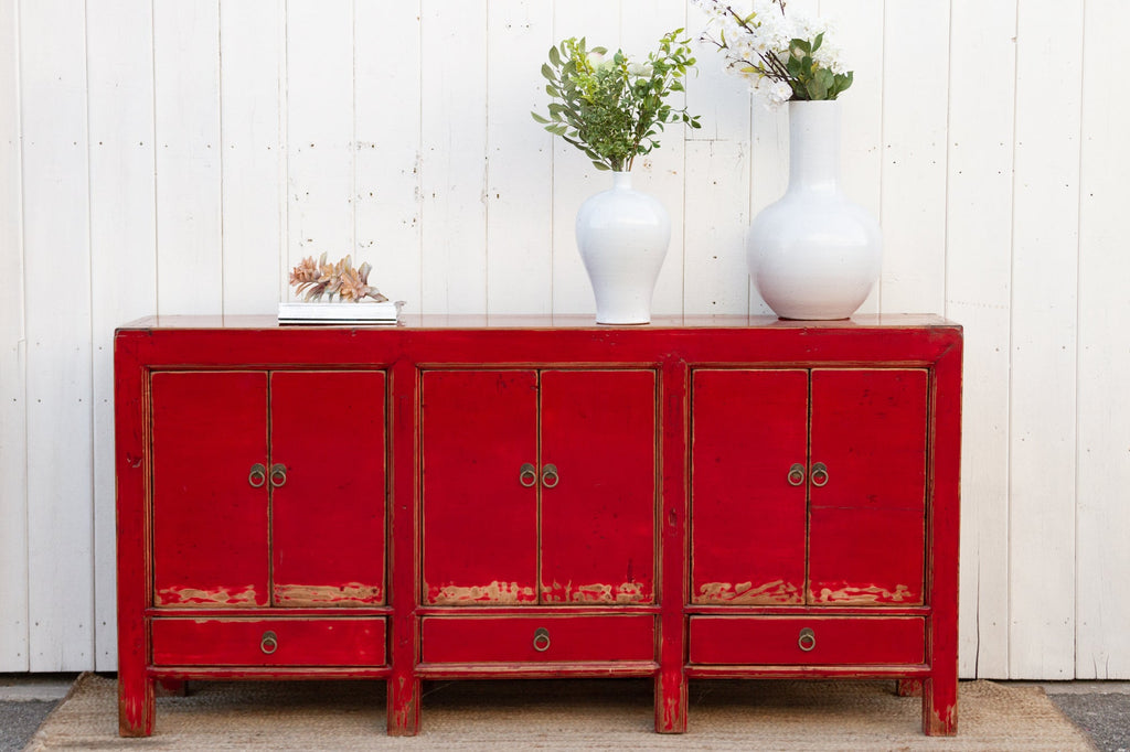 Long Red Lacquered Asian Sideboard