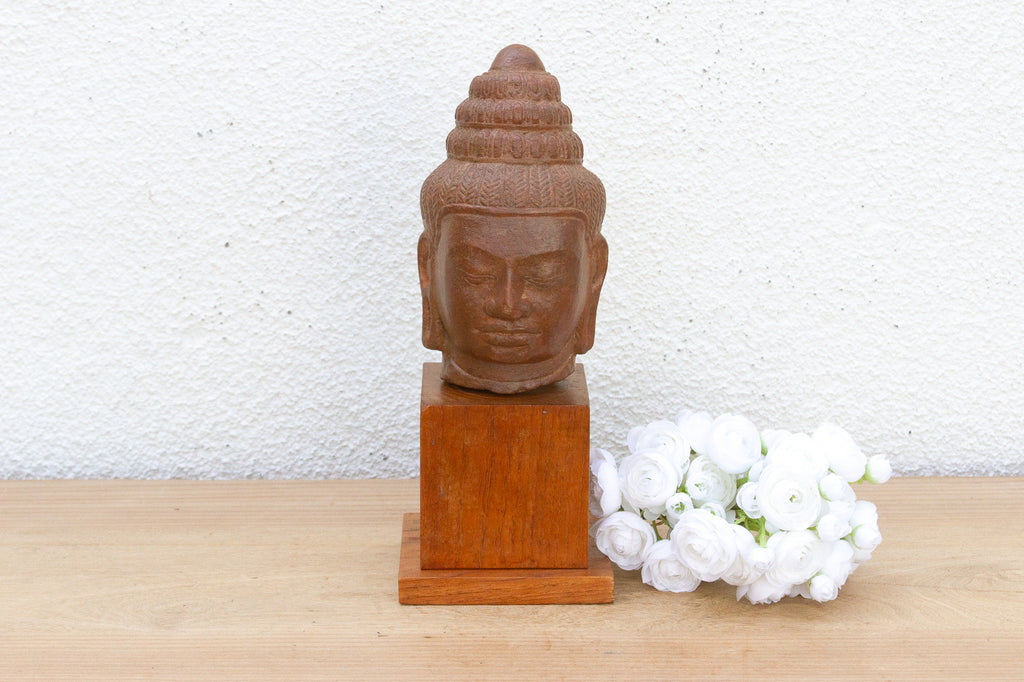 Khmer Serenity Old Stone Buddha Sculpture on Base