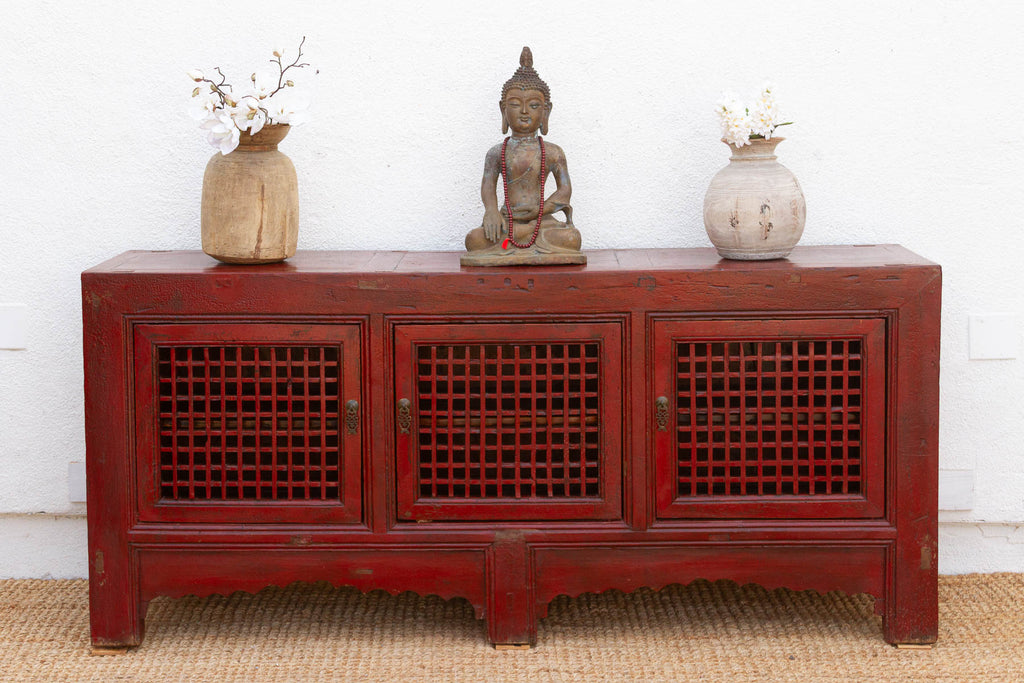Mid 20th Century Crimson Lattice Asian Sideboard (Trade)