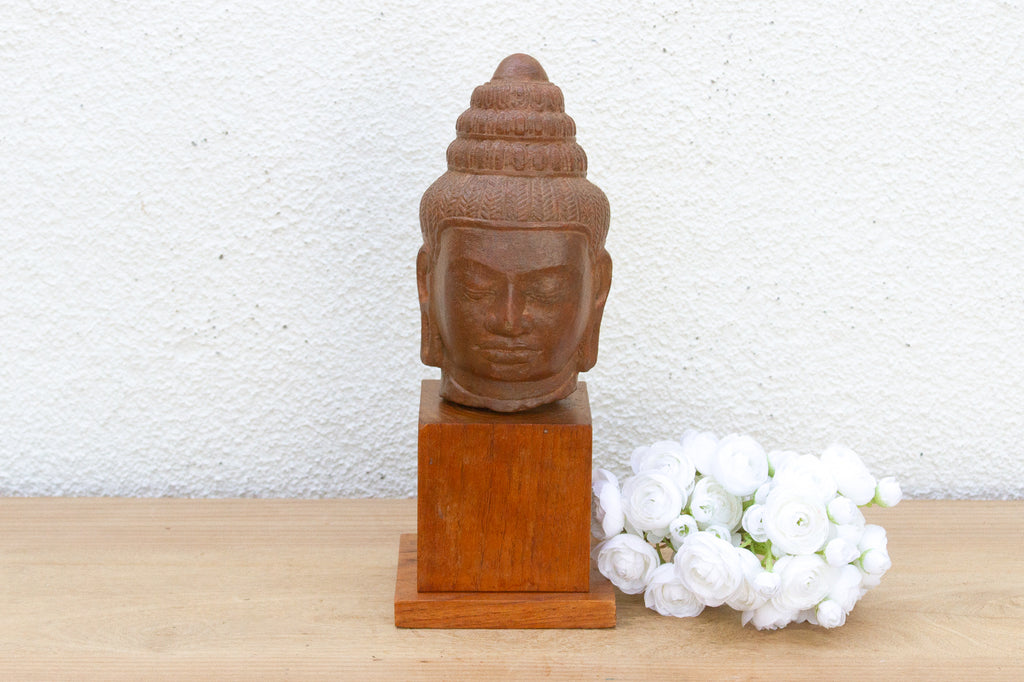 Khmer Serenity Old Stone Buddha Sculpture on Base