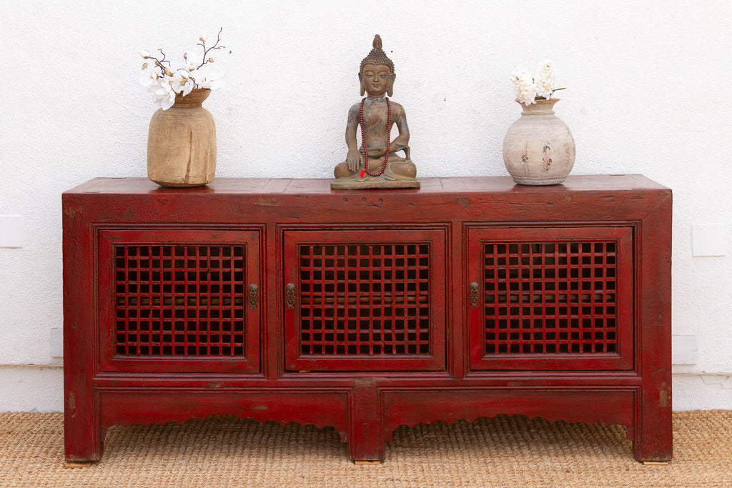 Mid 20th Century Crimson Lattice Asian Sideboard (Trade)