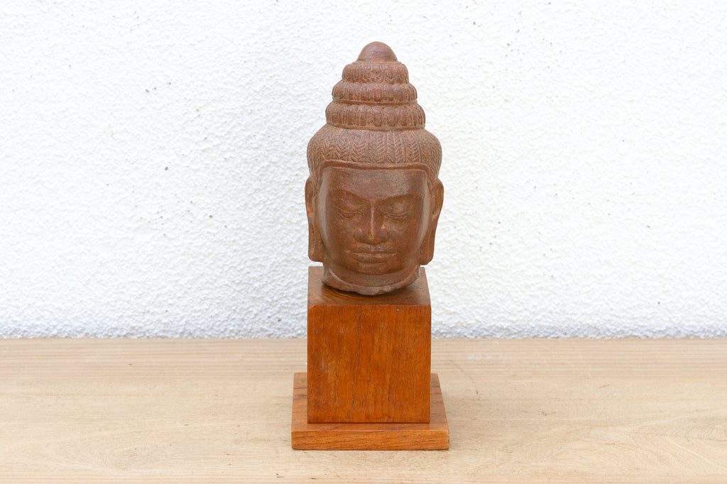 Khmer Serenity Old Stone Buddha Sculpture on Base