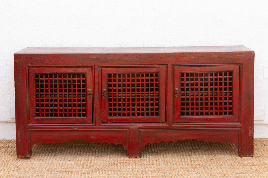 Mid 20th Century Crimson Lattice Asian Sideboard (Trade)