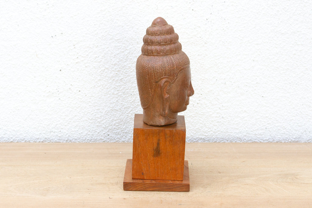 Khmer Serenity Old Stone Buddha Sculpture on Base