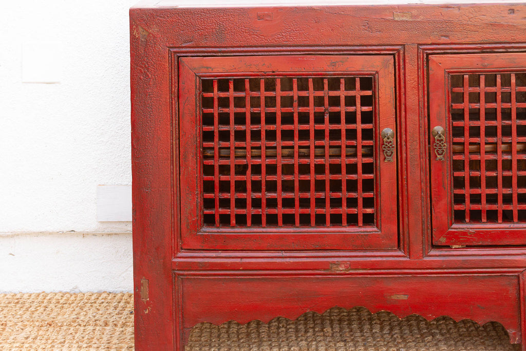 Mid 20th Century Crimson Lattice Asian Sideboard (Trade)