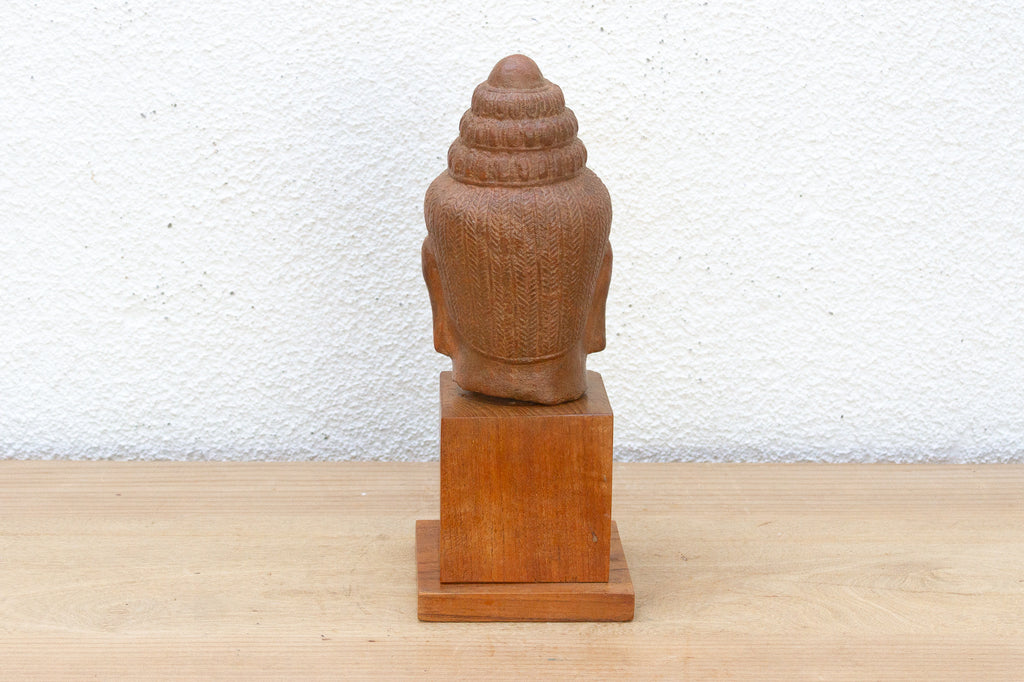Khmer Serenity Old Stone Buddha Sculpture on Base