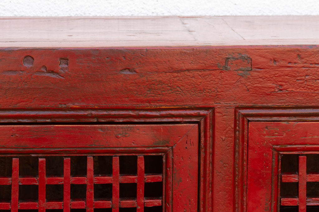 Mid 20th Century Crimson Lattice Asian Sideboard (Trade)