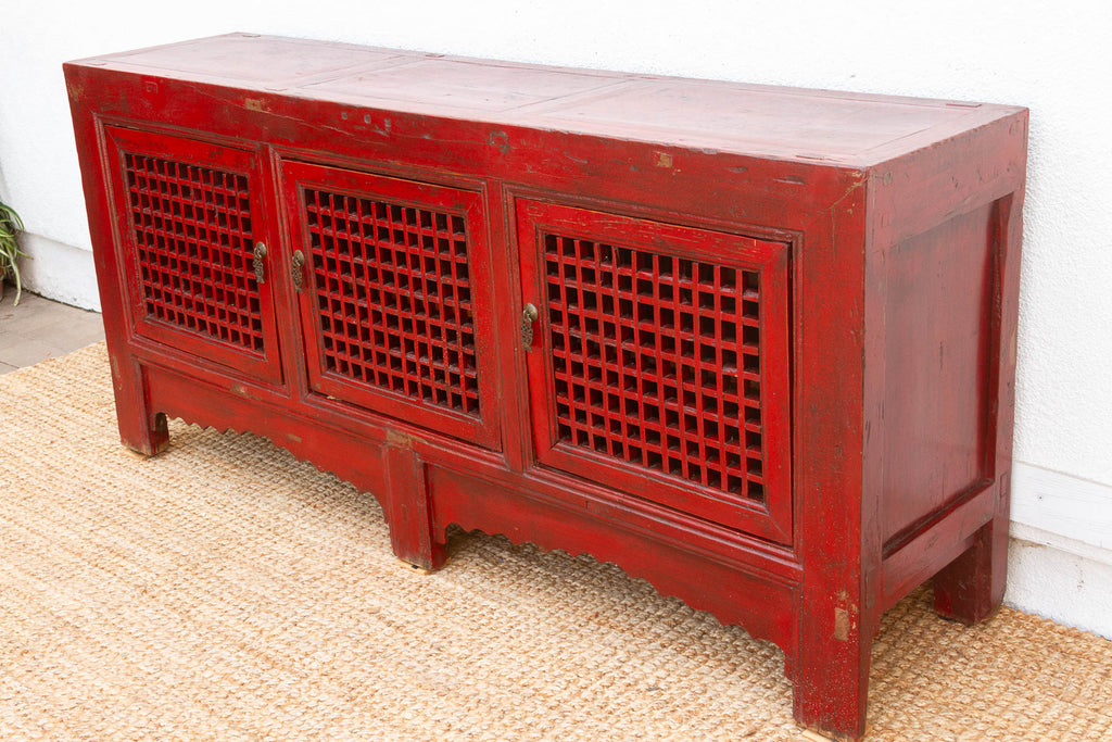 Mid 20th Century Crimson Lattice Asian Sideboard (Trade)