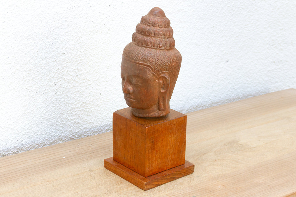 Khmer Serenity Old Stone Buddha Sculpture on Base