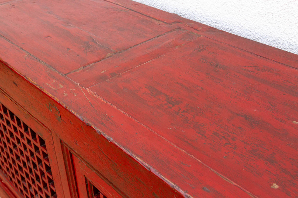 Mid 20th Century Crimson Lattice Asian Sideboard (Trade)