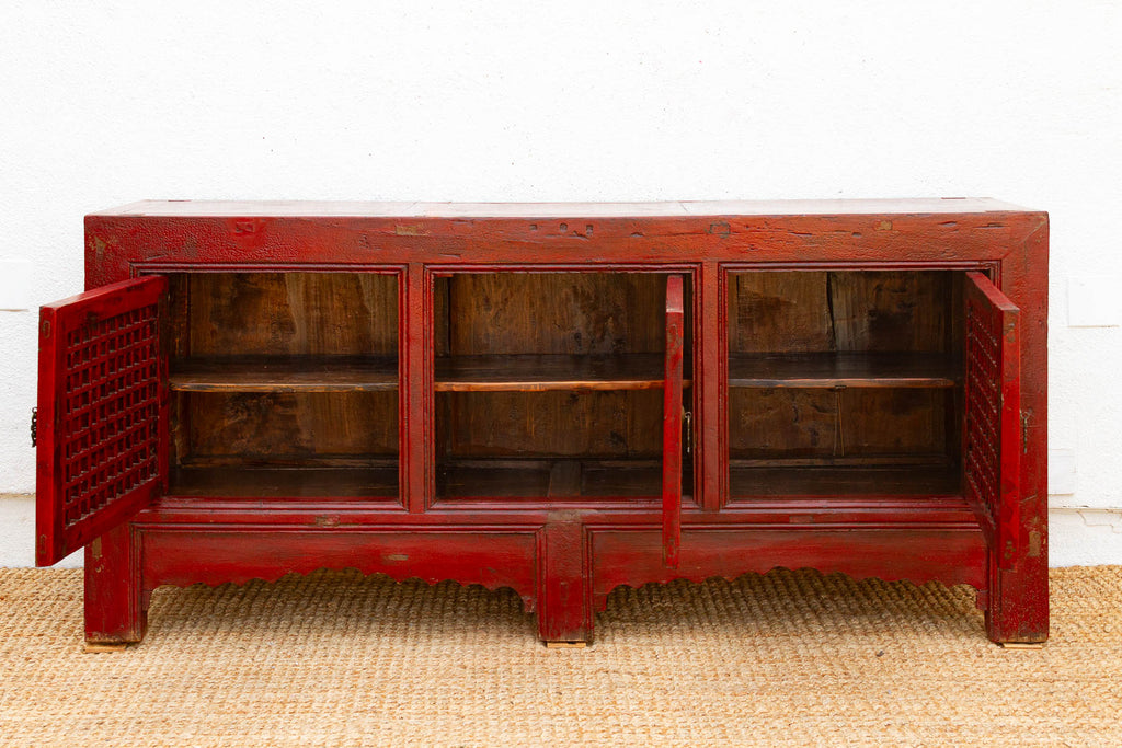 Mid 20th Century Crimson Lattice Asian Sideboard (Trade)