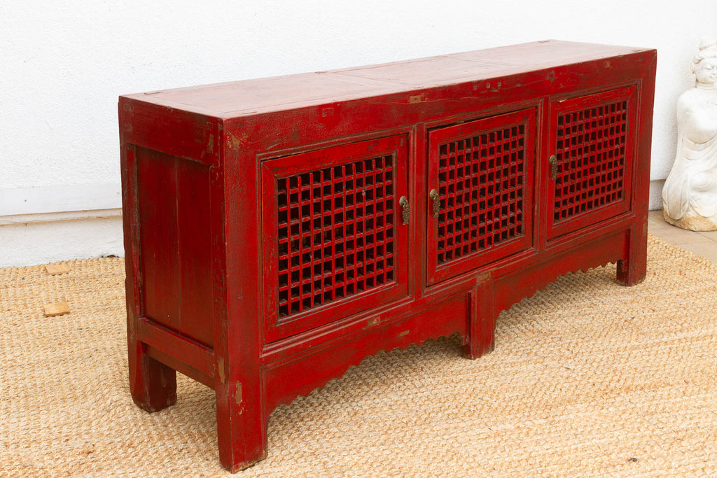 Mid 20th Century Crimson Lattice Asian Sideboard (Trade)