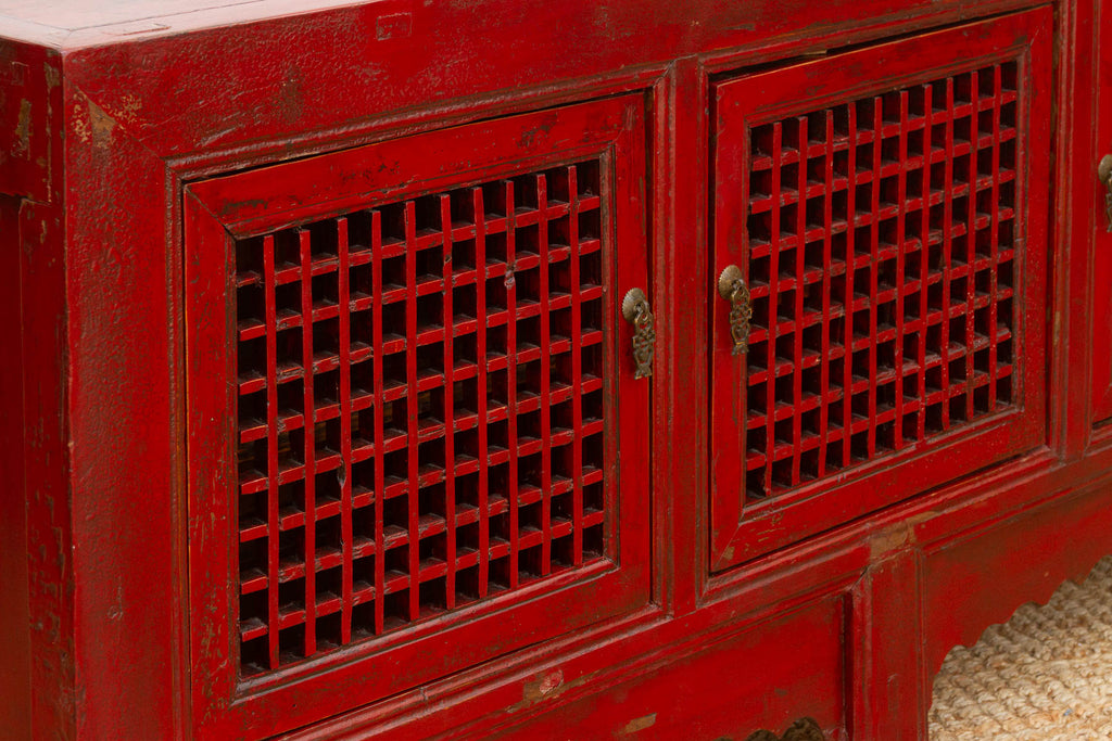 Mid 20th Century Crimson Lattice Asian Sideboard (Trade)
