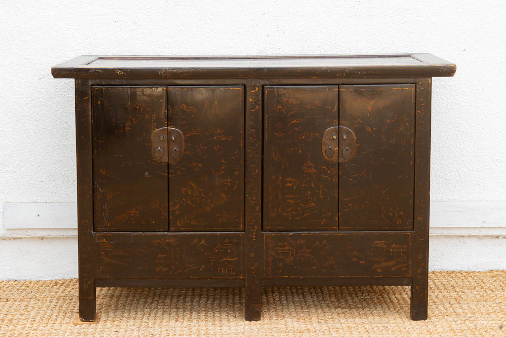 Antique Black Lacquer Chinoiserie Buffet Cabinet