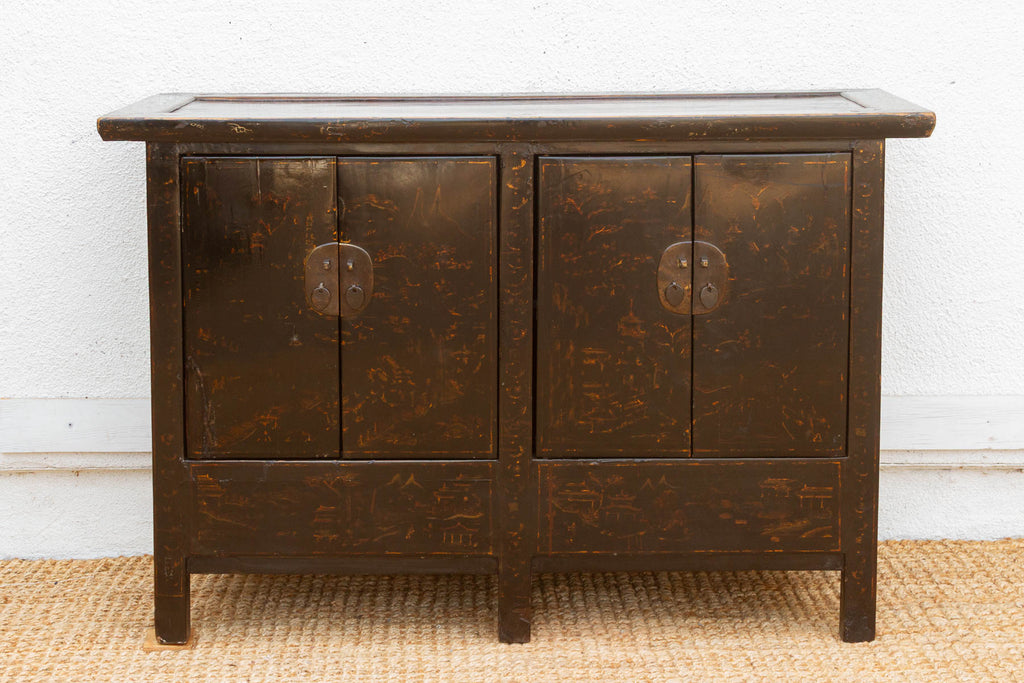 Antique Black Lacquer Chinoiserie Buffet Cabinet