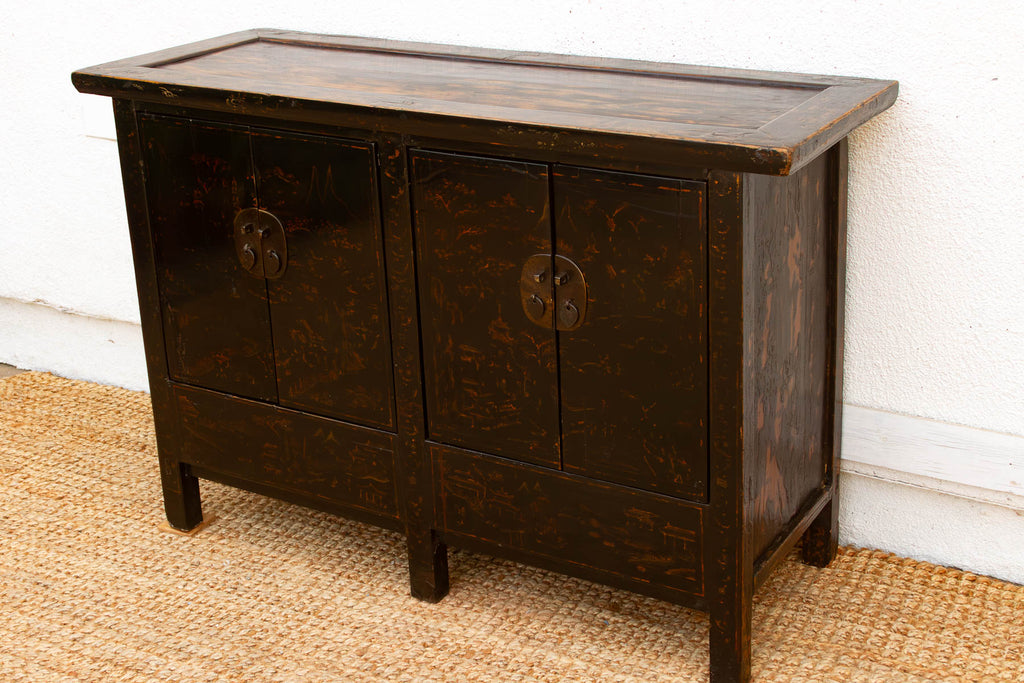 Antique Black Lacquer Chinoiserie Buffet Cabinet