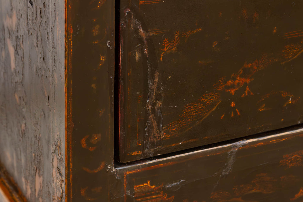 Antique Black Lacquer Chinoiserie Buffet Cabinet