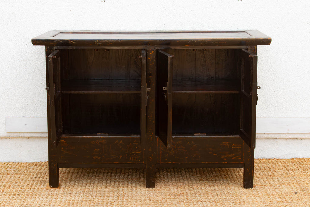 Antique Black Lacquer Chinoiserie Buffet Cabinet