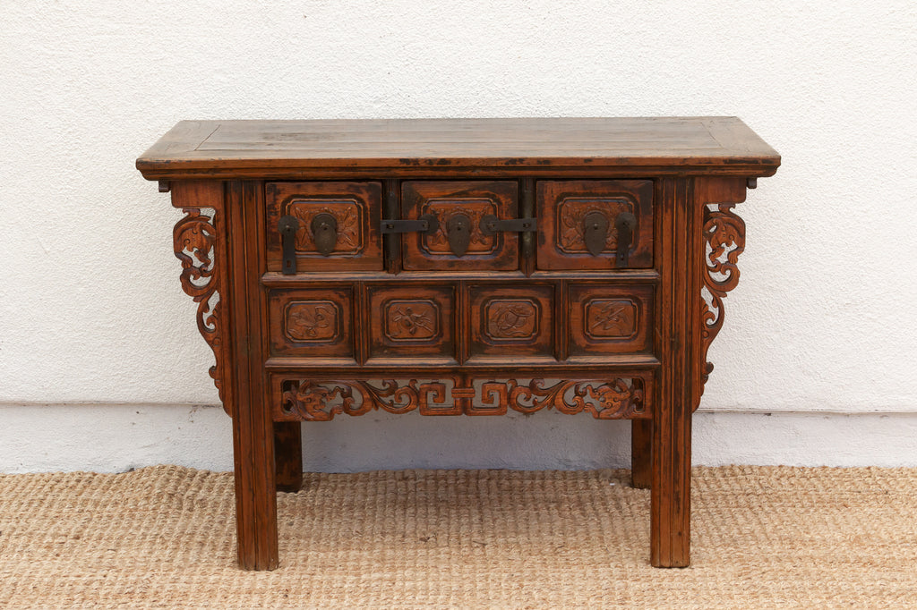 Antique Carved Ming Style-3 Drawer Console (Trade)