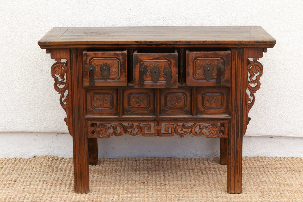 Antique Carved Ming Style-3 Drawer Console