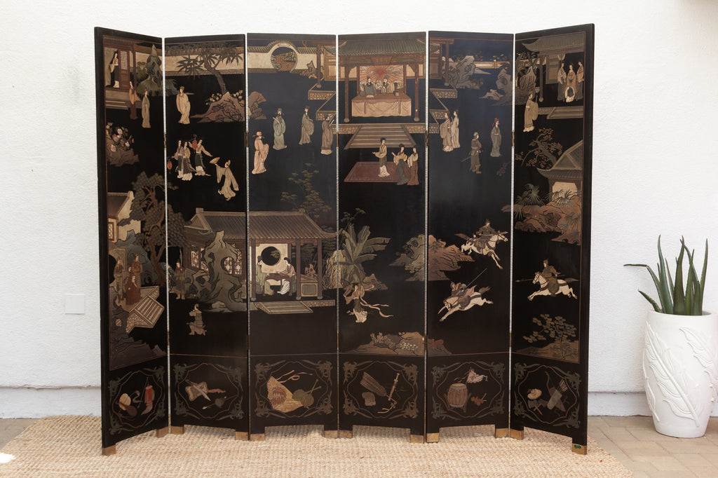 Elegant Six-Panel Black & Gold Lacquer Coromandel Screen (Trade)